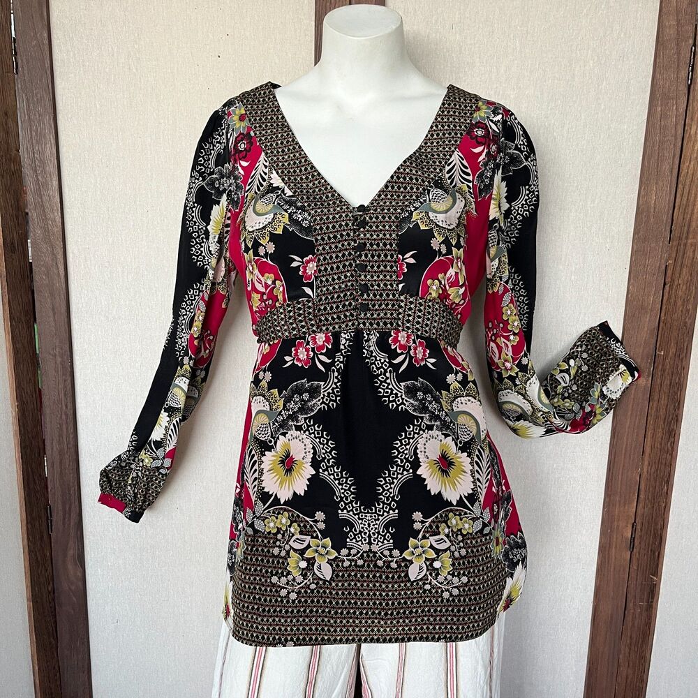Monsoon Silk Boho Floral Tunic Top UK 10 US 6 Long Sleeve Empire Waist